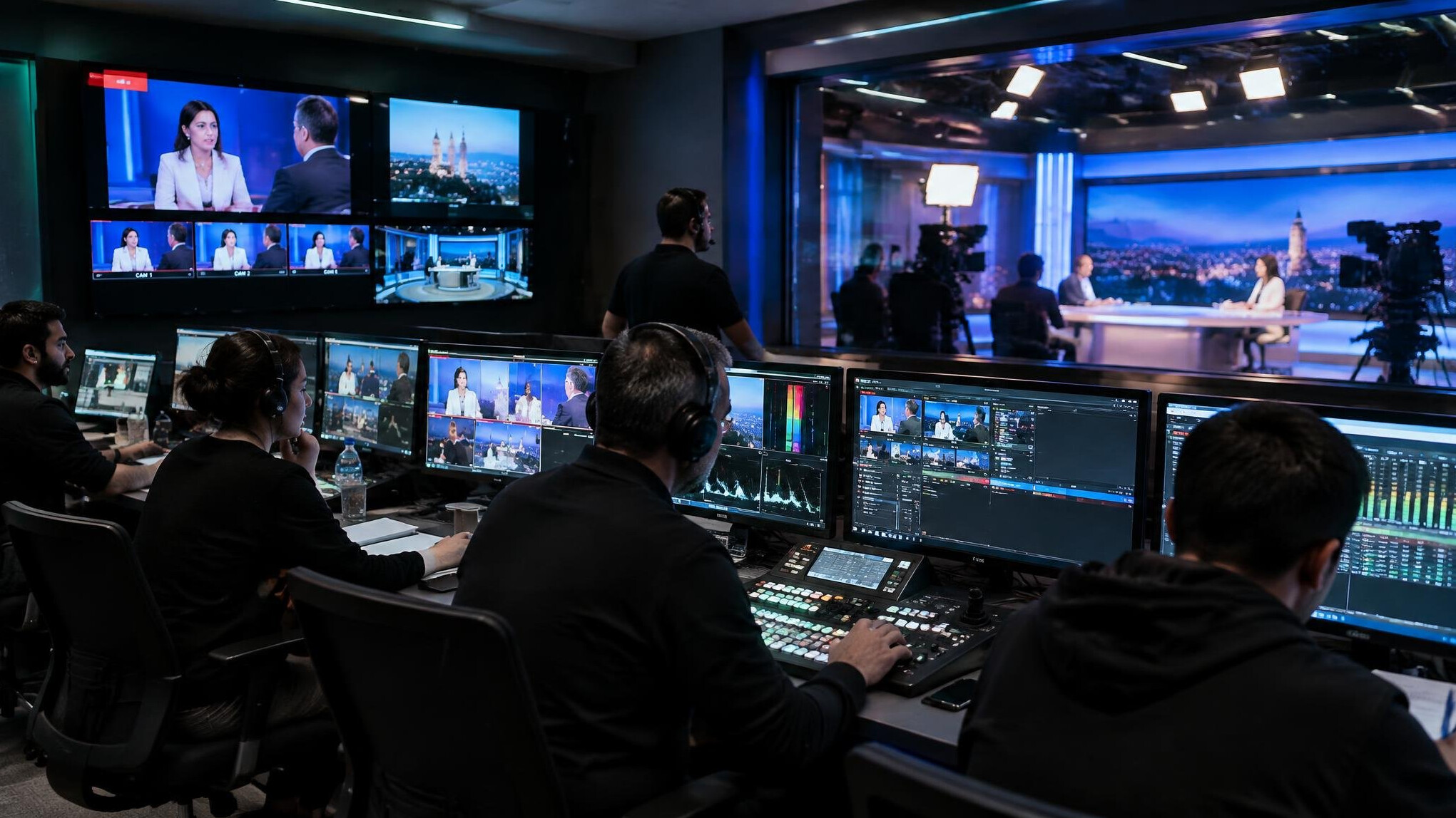 Television studio control room during a live broadcast