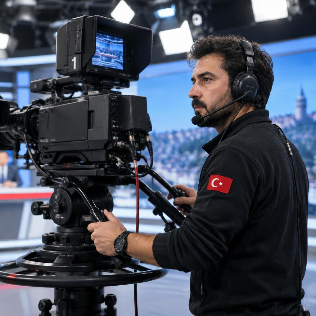 Camera operator filming inside a television studio